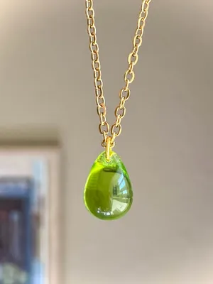 Handmade olive teardrop Czech glass simple minimalist gold chain necklace💚 thumbnail 1