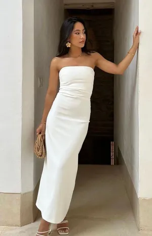 Zara dress bodycon strapless sleeveless tailored midi white wedding party thumbnail 2