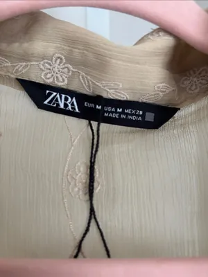 Zara Sheer Paisley Embroidered Button-Up Blouse in Beige Crinkle Size M Coastal thumbnail 5