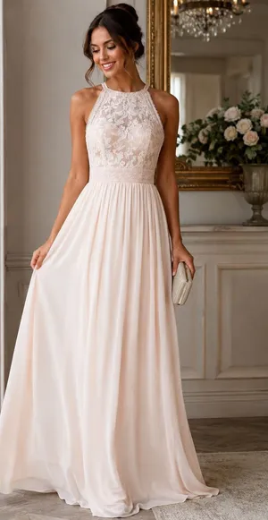 NWT Lulus Blush Pink Lace Chiffon Maxi Formal Dress Size S thumbnail 1
