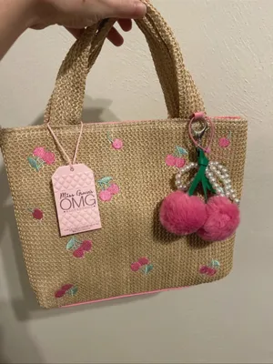 NWT Straw Tote Bag with Pink Cherry Embroidery and removable bag charm thumbnail 1