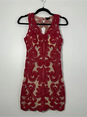 NBD Red Nude Embroidered Lace Mini Dress XS Open Back thumbnail 2