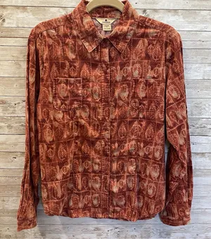 Woolrich Womens M Shirt Rust Leaf Print Micro Wale‎ Corduroy Button Front Cotton thumbnail 1