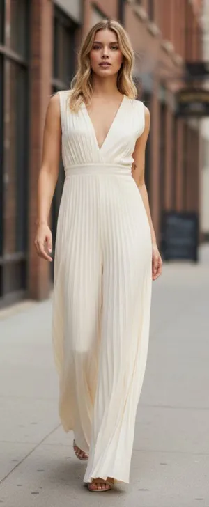 NEW $140 ABERCROMBIE & FITCH Giselle Pleated Jumpsuit In White Satin Silky thumbnail 1