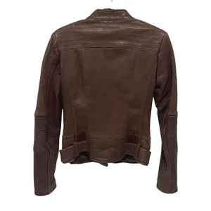 Via Spiga Moto Jacket Women S Brown Leather Biker Quilted Ribbed Gold Hardware thumbnail 3