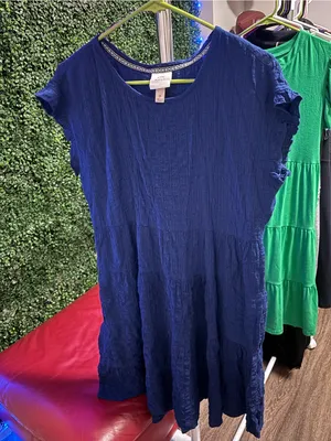 Knox Rose Women's Navy Blue Crinkle Short-Sleeve Tiered Dress thumbnail 1