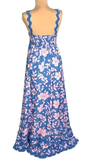 Romantic Boho Blue Pink Floral Maxi Dress M Ruffle Hem Scallop Straps Festival thumbnail 4