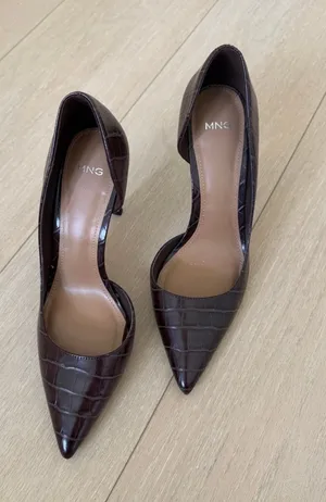 Mango Croc-Embossed D'Orsay Pointed Heels in Dark Brown thumbnail 1