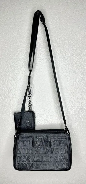 Steve Madden Crossbody Bag Womens Small Black Logo Faux Leather Coin Purse Zip thumbnail 1