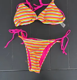 SHEIN Neon Pink Multicolor Striped Bikini Set thumbnail 1