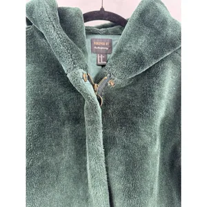 Forever 21 Faux Fur Hooded Jacket Women XL Dark Green Full Zip Lined Cozy Teddy thumbnail 3