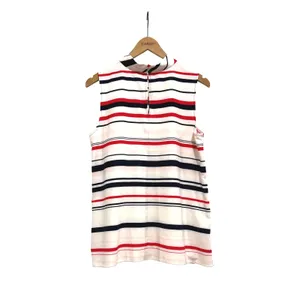 Ann‎ Taylor Factory Womens Mock Neck Sleeveless Striped Blouse Red Navy White M thumbnail 2