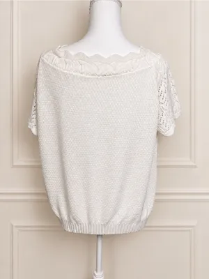 Vintage Ivory Pointelle Knit Flutter Sleeve Scalloped Sweater Top thumbnail 6