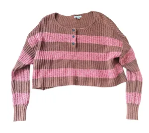 American Eagle Cropped Henley Sweater Striped Knit Brown Pink‎ Womens S thumbnail 1