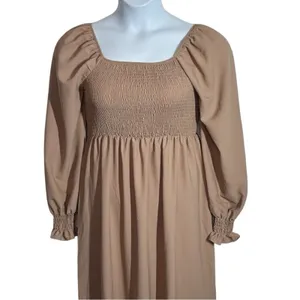 Khaki Smocked Maxi Dress Large Boho Square Neck Ruffle Hem Festival thumbnail 6