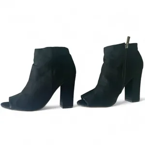 Bamboo•Black Faux Suede•Peep•Toe Ankle Boot•Size 9• 4”Block Heel thumbnail 7