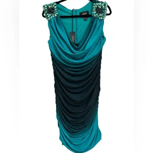 NWT‎ Cocktail Bodycon Embellished Bead Ombre Teal Blue Ruched Zip Mini Dress 12 thumbnail 2