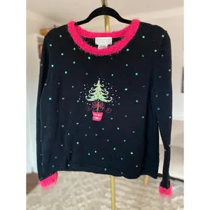 Vintage Sequin Christmas Tree Sweater Pink Trim Festive Holiday Kitsch Glam Boho thumbnail 2