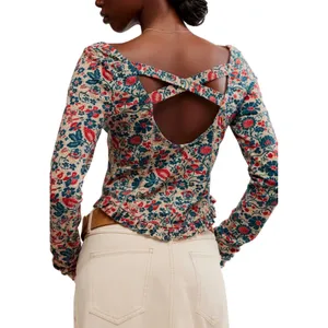 Free People sz M Ruffle Paisley Melanie Scoop Top Blouse Boho Feminine Cottage thumbnail 4