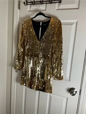 HAODUOYI Gold Sequin V-Neck Long Sleeve Party Romper - Size Medium thumbnail 2