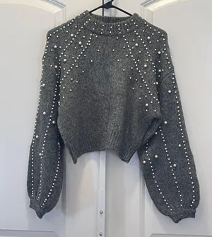 ZARA Pearl Embellished Cropped Sweater thumbnail 1