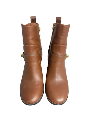 Coach Saddle Tan Leather Moto Buckle Heeled Ankle Booties Biker Size 8.5 Women's thumbnail 4