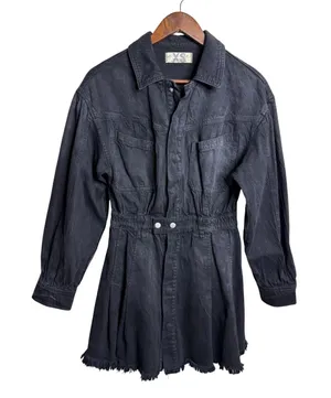 Free People We the Free Black Denim Utility Mini Dress Raw Hem size XS thumbnail 1