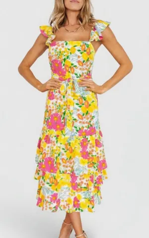 NWT Women’s Baltic Born Dani Ruffle Tiered Midi Dress | Multi Floral Size M thumbnail 1