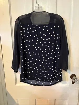Ellen Tracy Navy & White Polka Dot Zip-Front Blouse thumbnail 5