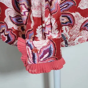 Chico's Red Satin Paisley Blouse with Ruffled Cuffs Size Medium Colorful Blouse thumbnail 6