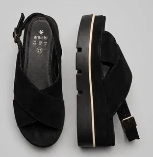Amichi Black Suede Flatform Wedge Sandals Criss Cross Lug Sole Chunky Punk thumbnail 1