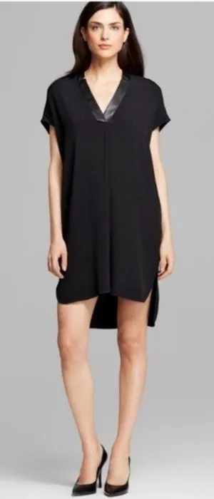 Vince Women Black 100% Silk Leather Trim V-Neck Shift Dress Short Sleeve Size S thumbnail 1