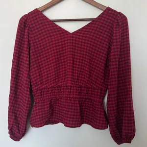 Madewell Red Gingham Plaid Peplum Blouse XS Smocked Tie Front Balloon Sleeve Top thumbnail 6