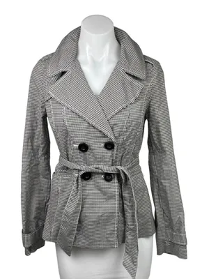 Halogen Black White Gingham Check Double Breasted Tie Belt Trench Jacket Sz XS thumbnail 1