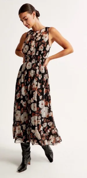 Abercrombie Black and Brown Fall Floral Sleeveless Midi Dress - Size S thumbnail 1