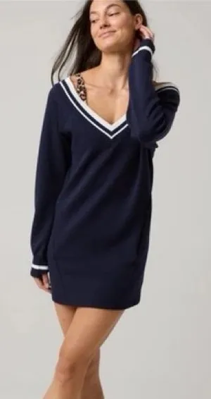 Offline by Aerie ChillUp Mini Dress Crepe Navy Blue White Ribbed Stripes Active thumbnail 1