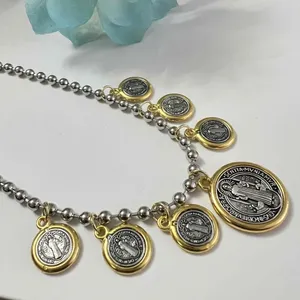 Anthropologie Gold Silver Plated Dangling Coins Necklace Beaded Chain stainless steel jewelry thumbnail 9