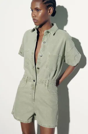 romper jumpsuit denim jeans olive green thumbnail 3