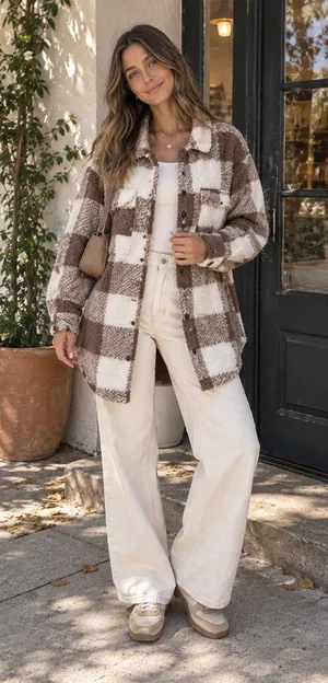 Miss Sparkling Brown Plaid Sherpa Shacket Oversized Longline Teddy Fleece Jacket thumbnail 1