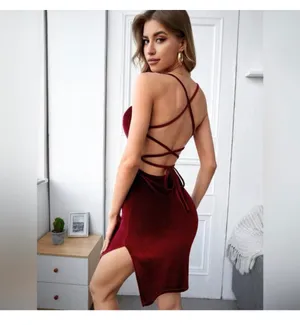 SheIn Strappy lace up backless Velvet Bodycon Dress in Burgundy thumbnail 4