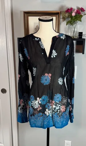LOFT Floral Split Neck Tunic Top Black Blue Pink Cotton Rayon Size M NEW thumbnail 1