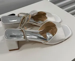 Coutigo White Satin Block Heel Sandals Rhinestone Bow Ankle Strap Size 11 thumbnail 1