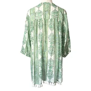 Roller Rabbit Tasseled Abstract Caftan Cover Up Dress Green White Floral Small thumbnail 4
