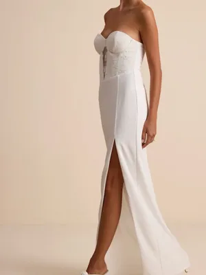 Lulu's Strapless White Lace Bustier Gown with Thigh Slit thumbnail 4