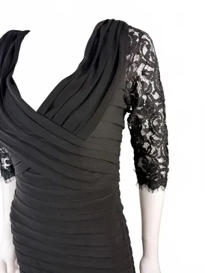 NWTs Xscape Black Evening Gown with Lace Sleeves and Pleated Bodice thumbnail 2