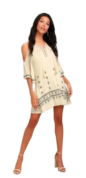 Lulus To the Sea Light Beige Embroidered Cold Shoulder Dress Womens Size Medium thumbnail 1