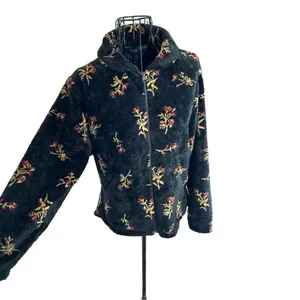 VTG Black Diamond Sherpa Fleece Botanical Floral Print Jacket Black Size Small thumbnail 3