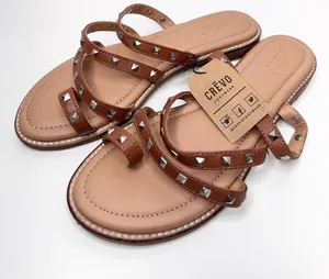 Crevo Sandals Size 7‎ Tan Leather Upper Womens Open Toe Spike Details Flats thumbnail 1