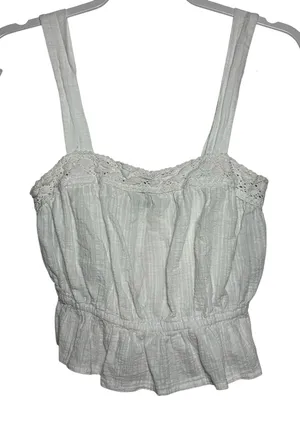 White Smocked Crochet Trim Peplum Crop‎ Tank Top Women XS thumbnail 1