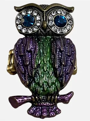 Boho Owl Ring Purple Green Rhinestone Enamel Stretch Adjustable Bronze Tone thumbnail 1